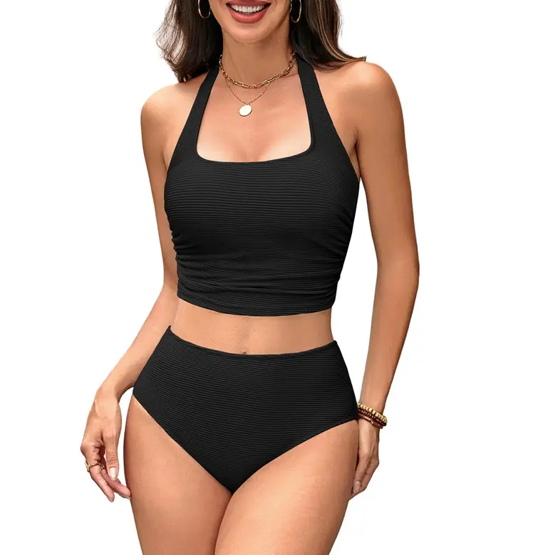 BMJL Bikini Sets for Women High Waisted Tummy Control Swimming Suit Flattering Ribbed Halter Full Coverage Swimsuit #SwimWeek #Summervibes