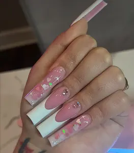 Pink and White Heart French Tip Press On Nails| Valentines Nails|Long Nails|French Tip Nails|Heart Nails|Bling Nails|Pink Nails|Star Nails