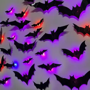 24 Pack Halloween Bats Wall Decor – Lighted 3D Bat Stickers Assorted Size for Halloween Party, Bedroom Window Decorations, Indoor and Outdoor Home Decals（Halloween gifts）