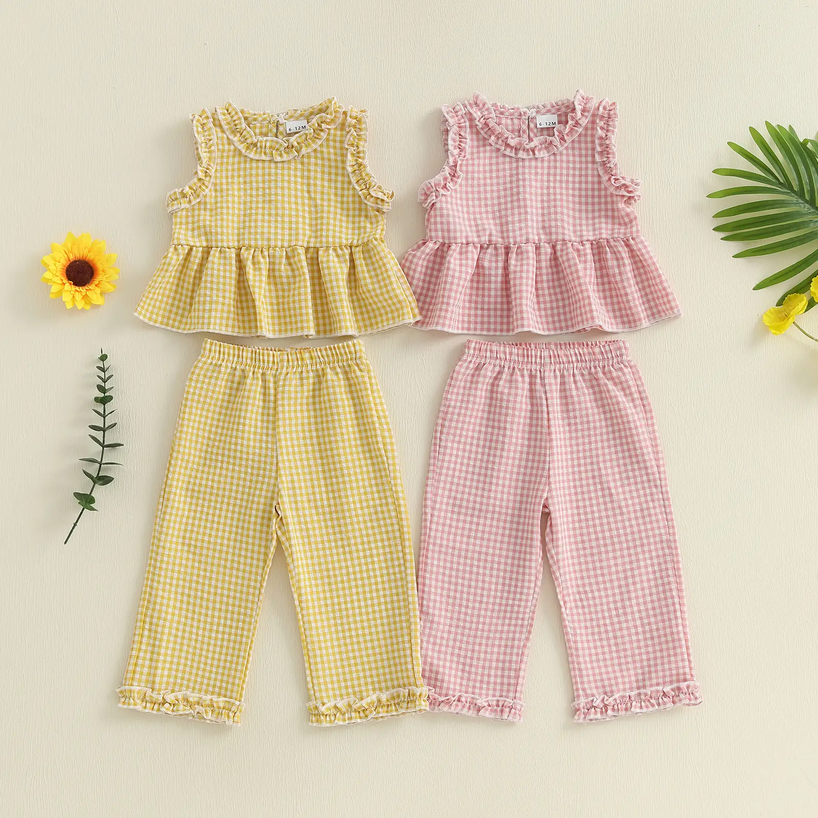 Toddler Baby Girl Pants Set Plaid Frill Trim Sleeveless Ruffle Tank Tops Elastic Waist Pants 2 Piece Outfit