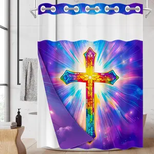1pc 2D Flat hookless shower curtain with snap fastener and inner lining Colorful Glowing Cross Waterproof inner lining shower curtain, transparent window, double-layer shower curtain, 71 x 74 inches, modern family curtain decoration