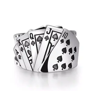 Vintage Style Adjustable Men's Ring, Punk Design Poker Card Open Ring, Statement Rings, Unisex Party Jewelry, Creative Good Luck Gift