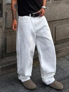 Menswear Cotton Men's Stark White Oversized Baggy Denim Jeans - Extra Wide Leg Relaxed Fit, Cloud Drape City Boy Aesthetic Streetwear, Minimalist Loose Trousers summerwins
