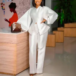 Summer Autumn Clothes 2 Pieces Pants Sets For Women Outfits Solid Satin Blouse & Long Trousers Fashion African Laides Office Work Wear Matching Sets Womenswear Check Light Suits