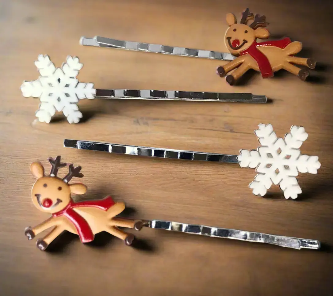Reindeer & Snowflake Hair Pins, Christmas Bobby Pin Set of 4