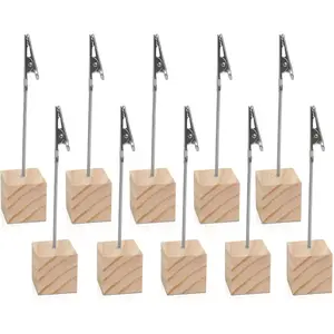 10 PCS Wooden Memo Clips Holder Table Numbers Place Card Holders Lightweight Wood Cube Base Memo Photo Paper Note Clip with Alligator Clip for Displaying Number Cards