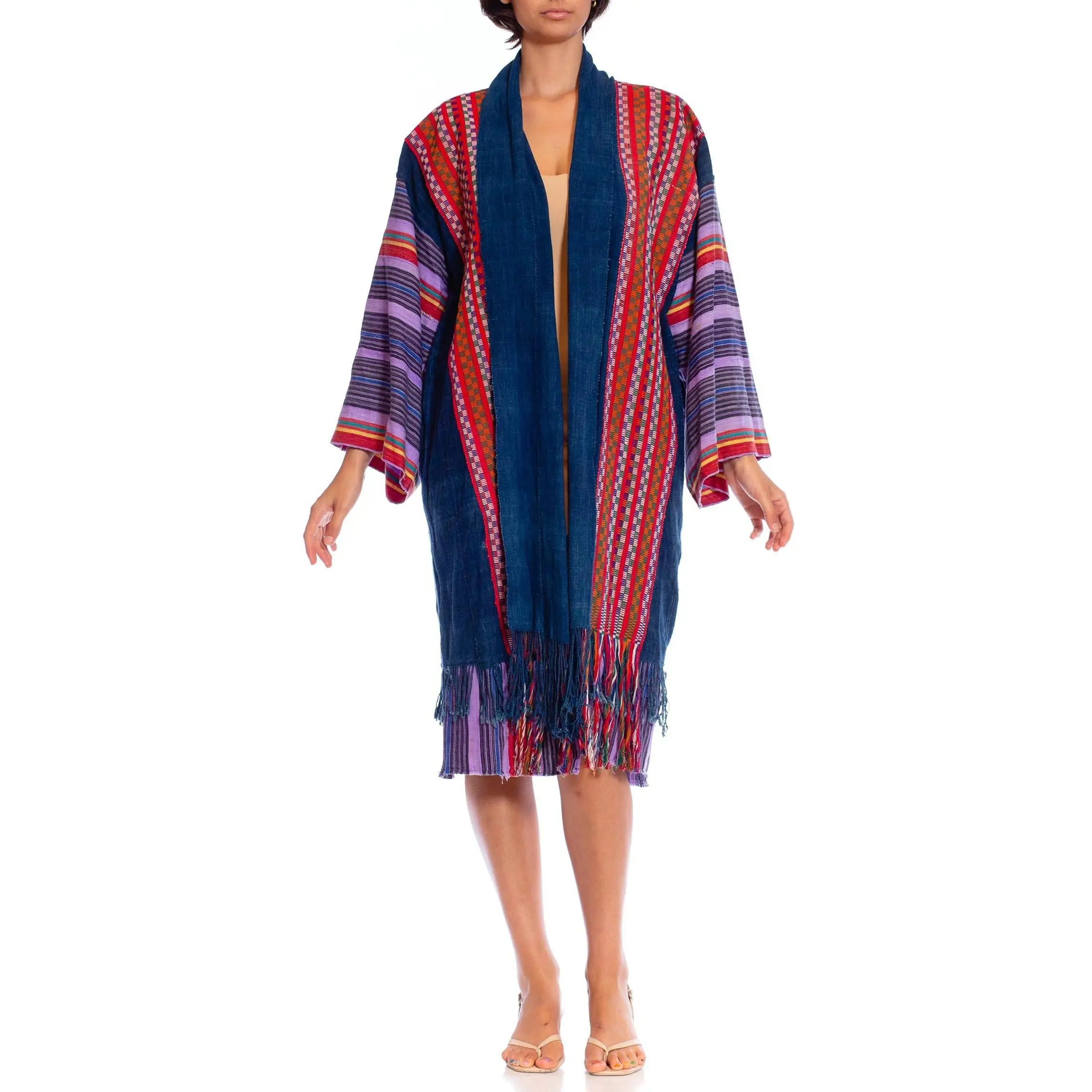 MORPHEW COLLECTION African Indigo Cotton Duster Beach Coat With Handwoven Guatemalan Panels