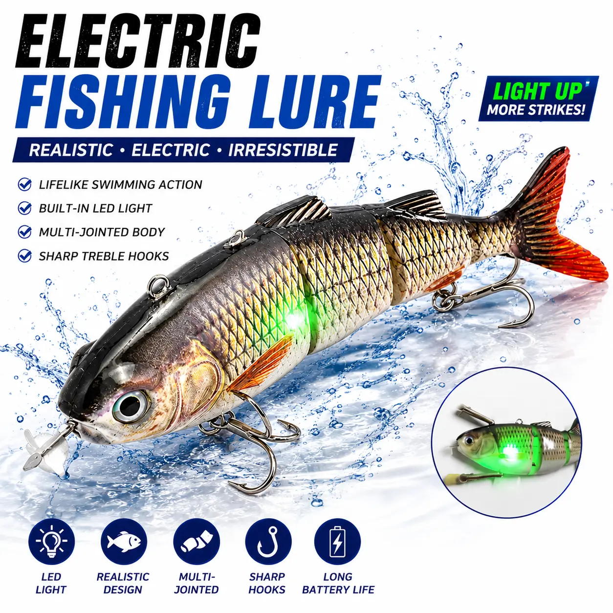 USB Rechargeable LED Fishing Lure Multi Jointed Swimbait with Propeller Tail Realistic Artificial Bait for Bass Pike Trout