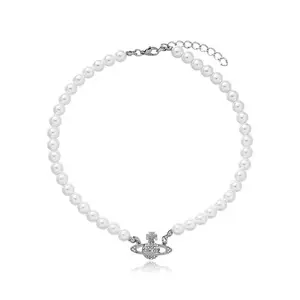 Punk nana Saturn pearl necklace with Elegant silver-tone Pendant and pearls