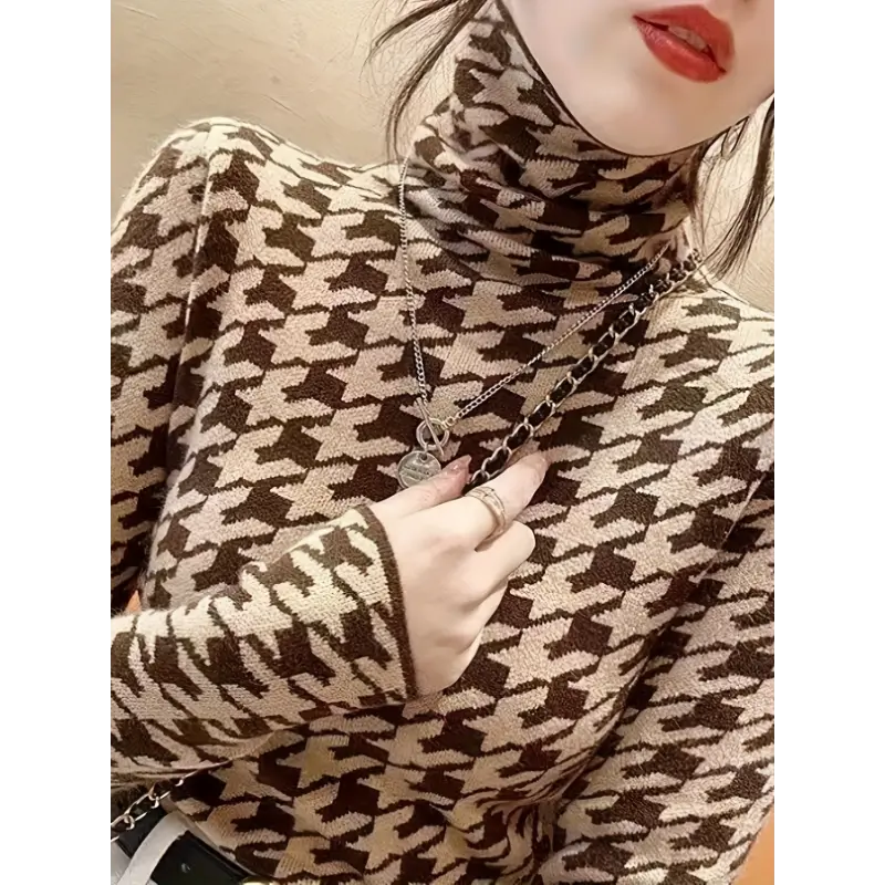 Houndstooth Pattern Turtle Neck Pullover Sweater, Elegant Long Sleeve Slim Versatile Sweater,Women's Clothing Tops Collar Chic Fabric Black Womenswear