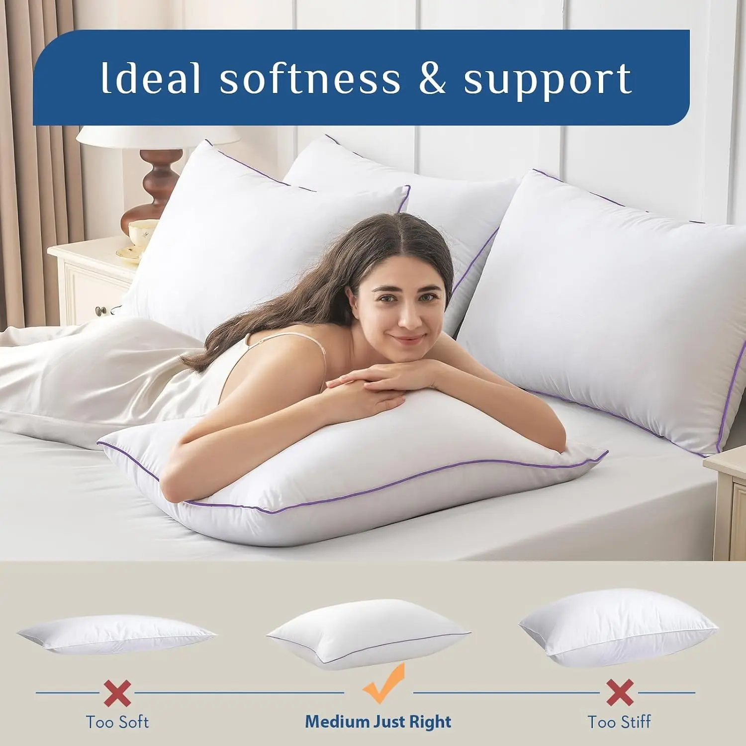 Cotton Quilted Bed Pillows, Soft Support Sleeping Pillows for Bedroom, 2 Pack