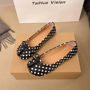 Women's No-Lace Polka-Dot Slip-In Spotted Ballerina-Inspired Leather Flats, Retro Split-Toe Bow-Detail French Minimalist Thick-Sole Casual Daily Commuter Walking Shoes for Fasciitis & Knee Comfort, No-Lace Ballet Flats
