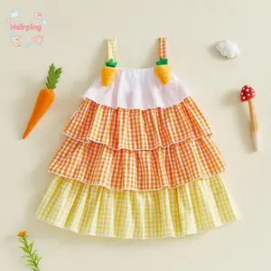 Baby Girl Easter Carrot Dress, Orange Yellow Gingham Tiered Ruffled Sundress with 3D Carrot Straps, Cute Spring Holiday Toddler Outfit, 1-4 Years