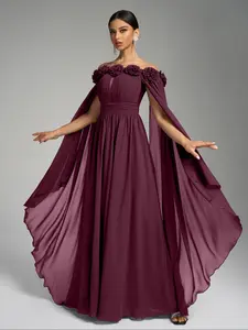 Off-Shoulder Cape Dress with Flowy Sleeves, Beautiful Floral Decoration, Pleated Waist and Flared Chiffon Formal Evening Gown, Womenswear, Aesthetic