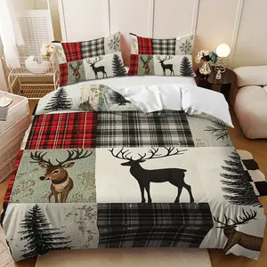 Bedding 3-piece set - 3PCS,Winter Joy Red and Black Checkered Reindeer and Pine Tree Design Down Comforter Set (1 comforter cover + 2 pillowcases, filling not included) - soft and comfortable, suitable for family bedrooms.