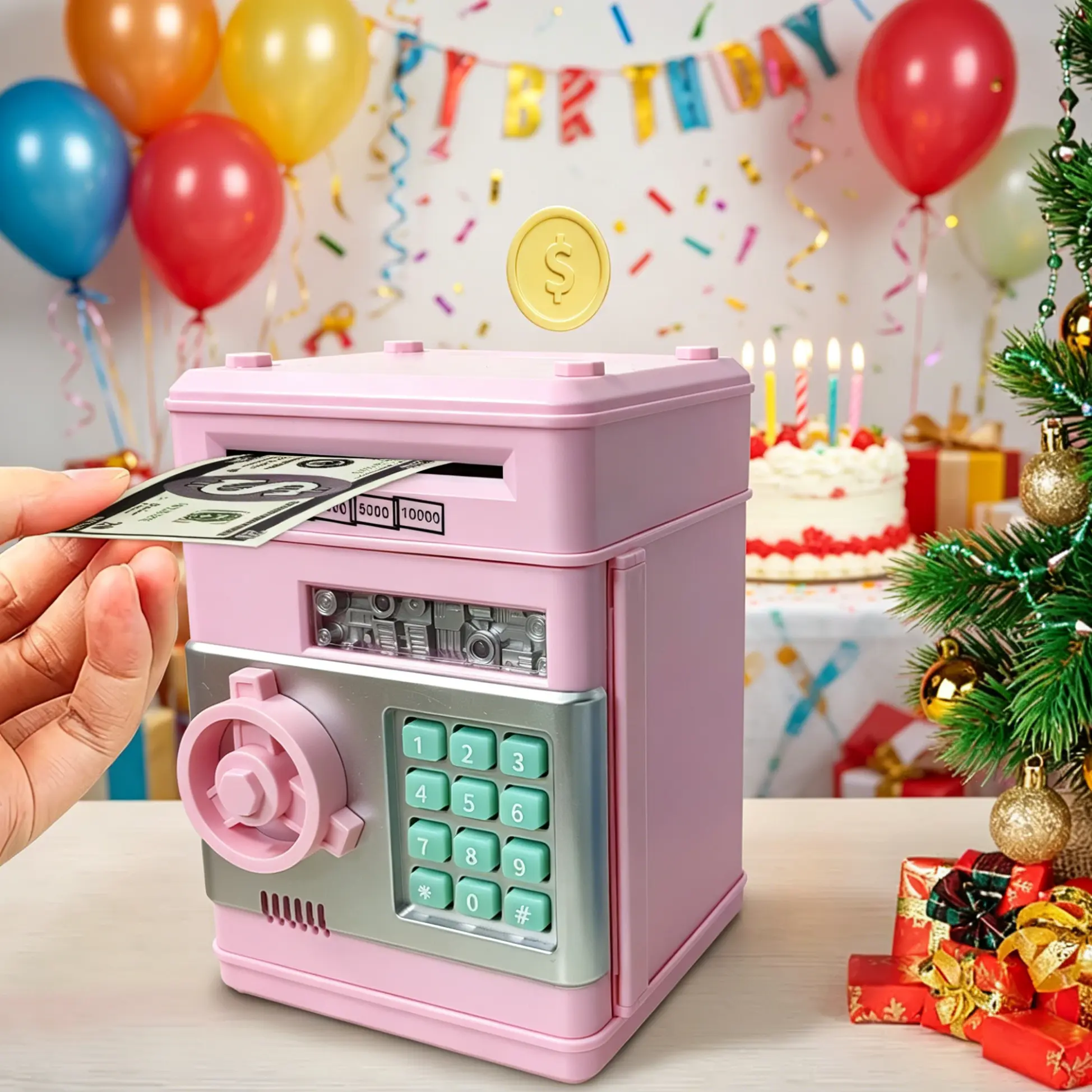 Stylish ABS Mini Electronic ATM Piggy Bank for Kids 6-13, Secure Anti-Theft Code Lock Savings Box with Automatic Bill Rolling, Coin-Cash Dual-Use Money Storage Jar Gift for Boys & Girls (Birthday/Xmas)