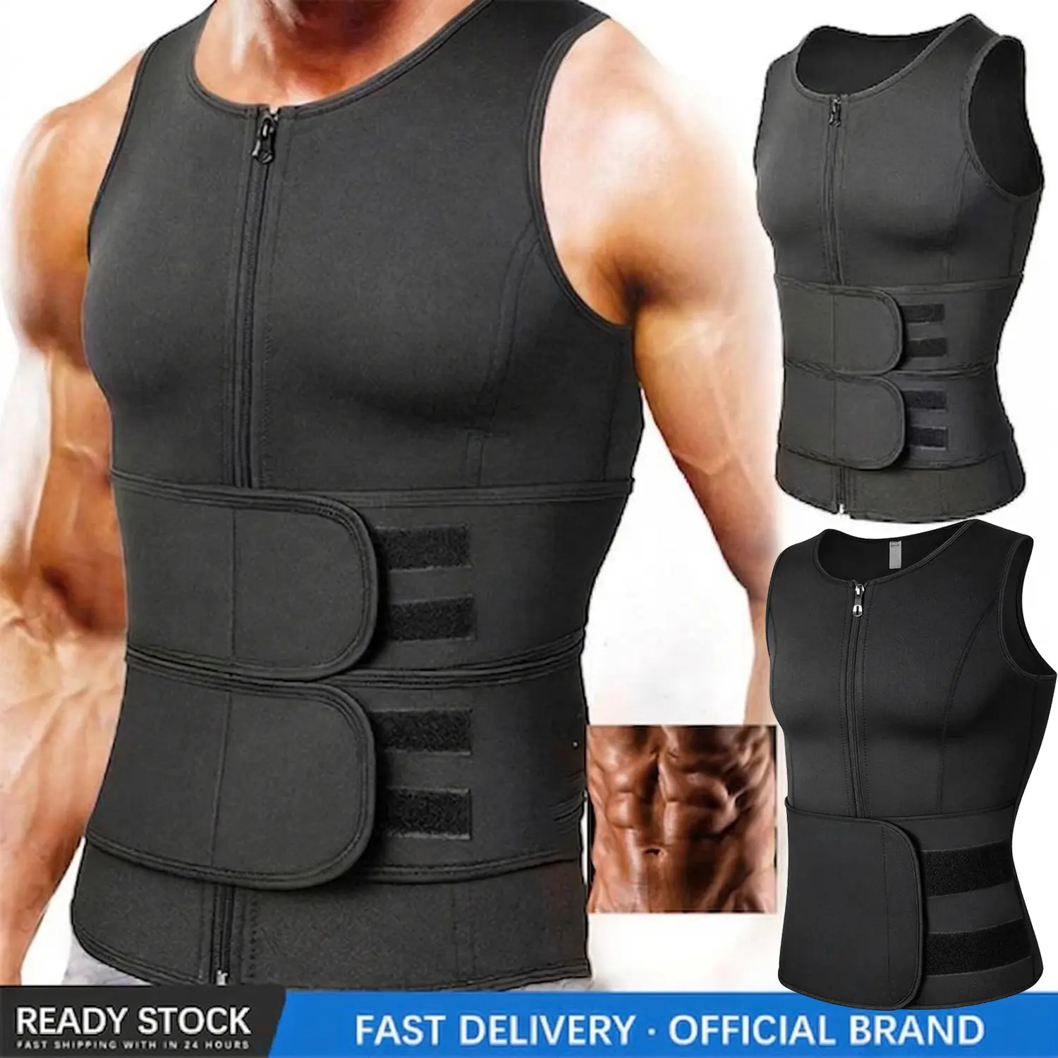 Men's Neoprene Double Belt Sauna Vest - Menswear Shapewear, Waist Trainer, Zipper Corset, Tummy Compression Heat Trimmer for Gym, Running All-Season Activewear Undershirt, Gym Workout, Adjustable