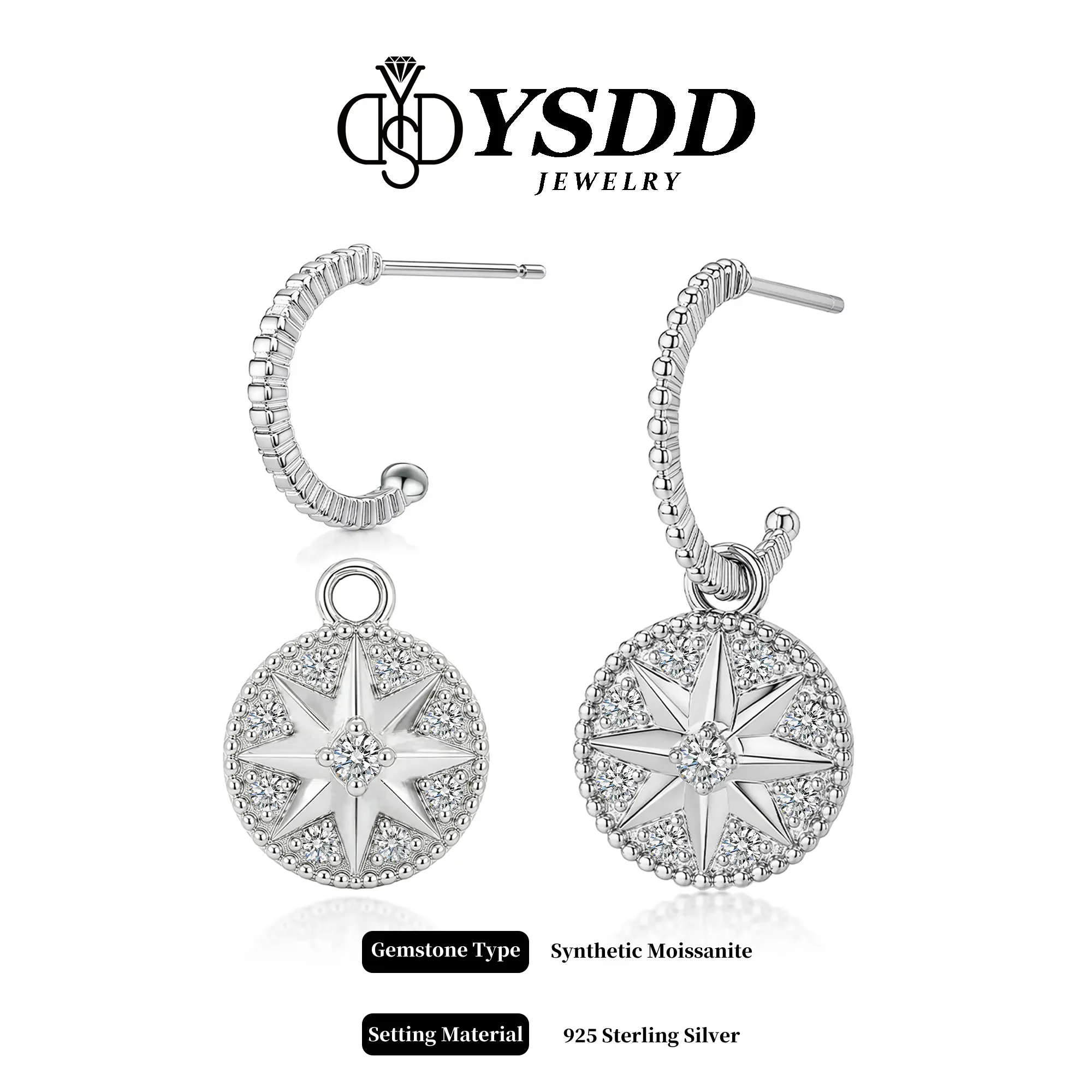 【#734 New Arrival】Stylish Eight-pointed Star Detachable Dangling Stud Full Moissanite vvs Synthetic Moissanite Earrings in 925 Sterling Silver