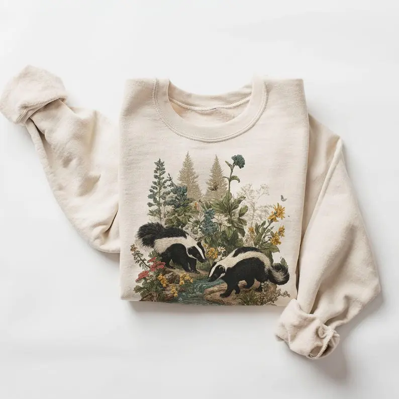 Vintage (Phuhi) Skunks Summer Wildflower Scene Sweatshirt - 90s Cute Skunk Forest Nature Outfit - Wildlife Watcher - Boho Unisex Adult and Youth T-shirt