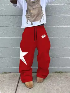 Men's Fashion Casual Straight Leg Pants, Graphic Star Print Drawstring Waist Knit Sweatpants, Summer Fitted Street Style, Perfect for Daily Wear, Casual Chic Bottoms