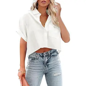 Tankaneo Womens Button Down Cropped Shirts Long Sleeve Casual Crop Tops Solid Lapel Blouse Shirt with Chest Pocket