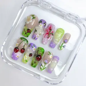 milo.nail&care Lavender Garden Press-On Nails, Cherry & Ladybug Art, Purple Ombre Floral Detail, Glossy Square Handmade Cottagecore Spring Nail Set