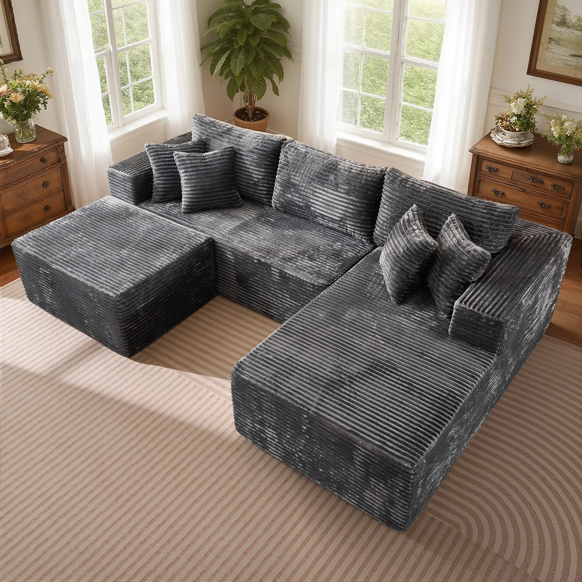 Grey Plush Corduroy Right Chaise