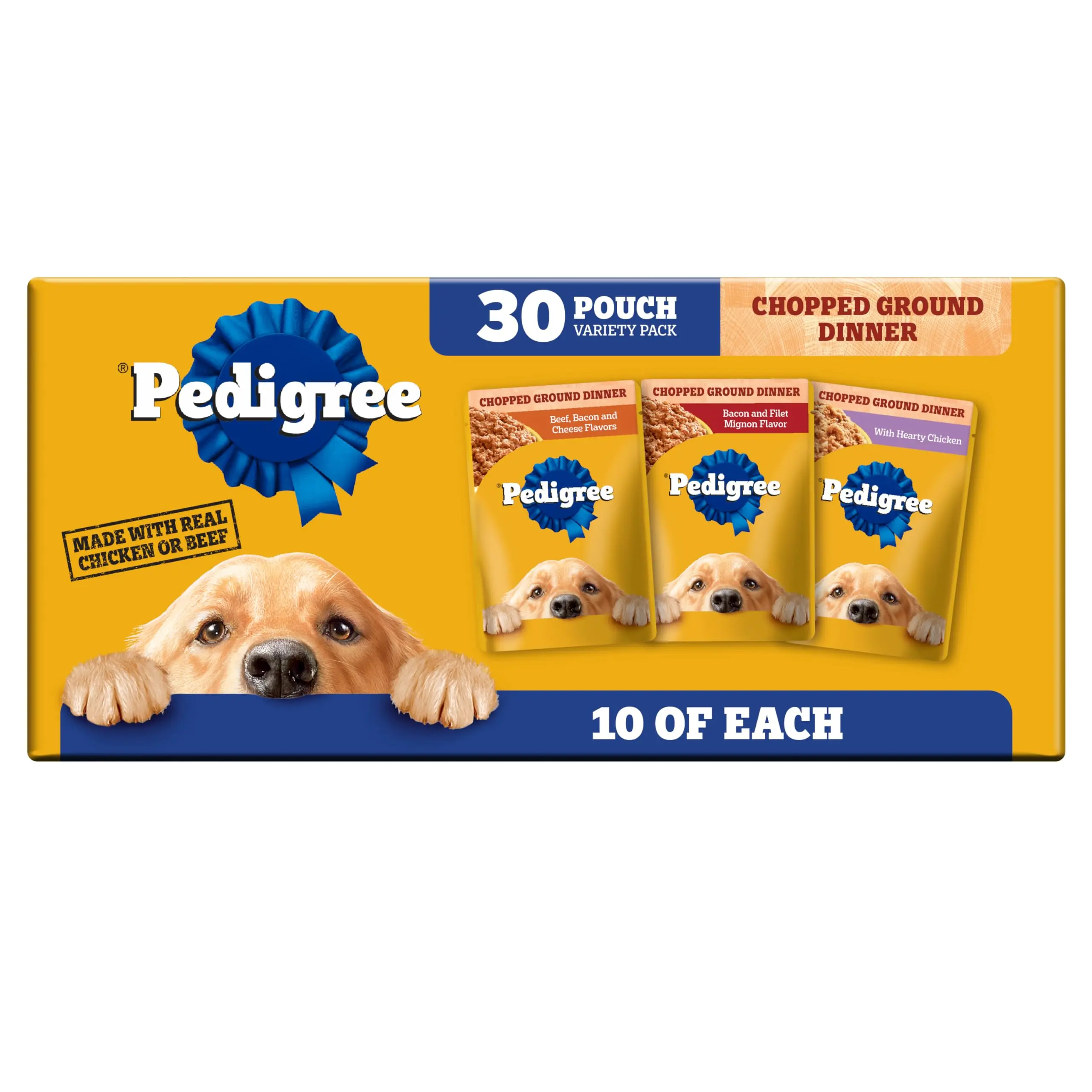 US Adult Wet Dog Food Variety Pack - 30 Count 3.5 oz Pouches, Chopped Ground Dinners with Real Beef, Chicken, Cheese Protein, No Added Sugar