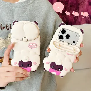 Cute 3D Cartoon Sheep Phone Case Soft Silicone Stand Holder Flip Cover For iPhone 17 16 Plus 16e 15 14 13 12 Pro Max