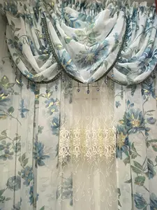 6 pieces Anna aqua Sheer Curtain Set for Living Room | Amy embroidered middle panel