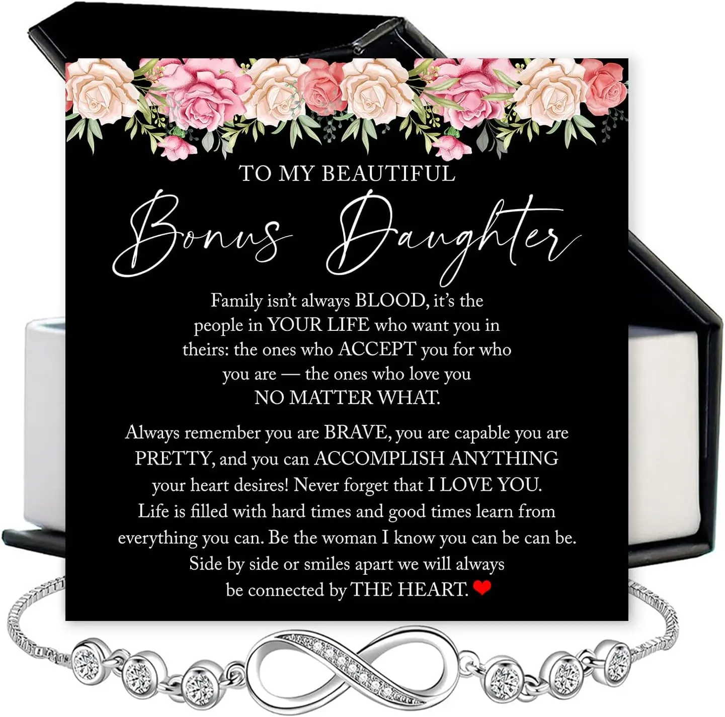 To My Bonus Daughter Bracelet Gift - Infinity Symbol Jewelry with Heartfelt Message Card - Meaningful Stepdaughter Birthday, Christmas, Graduation, or Wedding Gift from Stepmom or Dad
