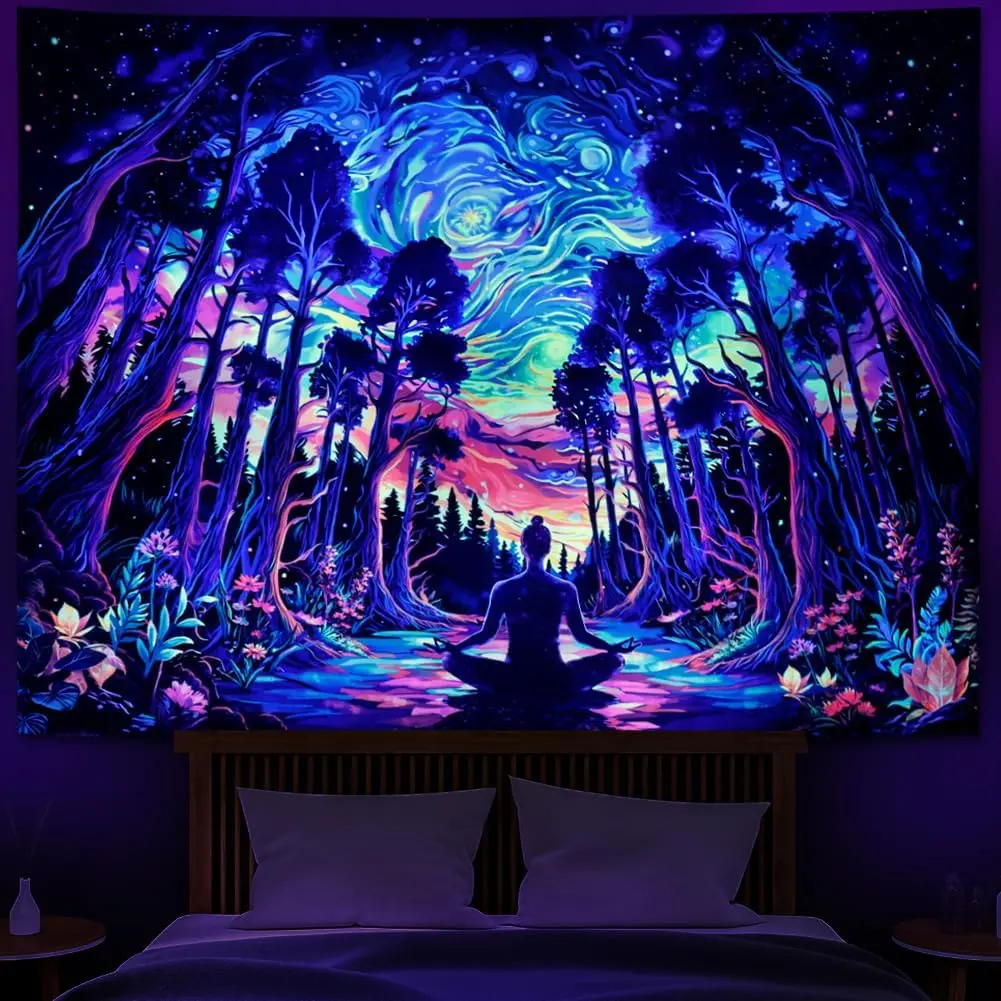 Heopapin Blacklight Psychedelic Forest Meditation Tapestry UV Reactive Cosmic Galaxy Starry Sky Wall Art Tapestry Trippy Yoga Spiritual Chakra Wall Hanging Tapestries for Home Decor 78.7L x 59.1W summerwins