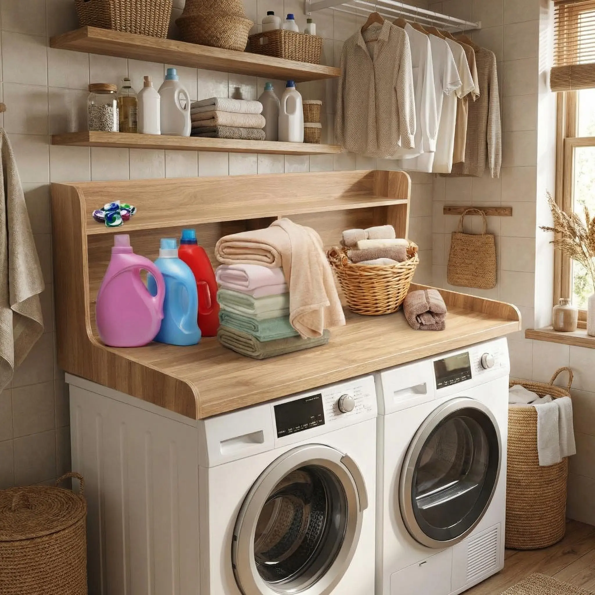 54" wide x 27.55" deep two-tier washer/dryer countertop, wooden laundry room organization shelf with non-slip pad, heavy-duty washer/dryer topper cover for folding clothes and storing items over the machine party catering chicken nesting box