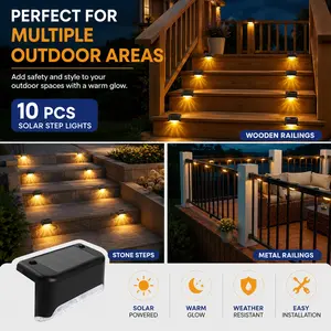 10 Pack Solar Deck Lights Outdoor, Warm White LED Dusk to Dawn Step Lights with Auto On/Off, Waterproof No-Wire Solar Stair Lights for Yard Patio Garden Fence Wall Pathway Porch Backyard, Easy Install Decorative Safety Lighting
