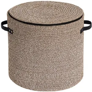 Cotton rope Storage Basket with Zipper cover Woven baskets with Lid easy to move MultiPurpose Storage Basket for Living Room 13 x14 inches Brown