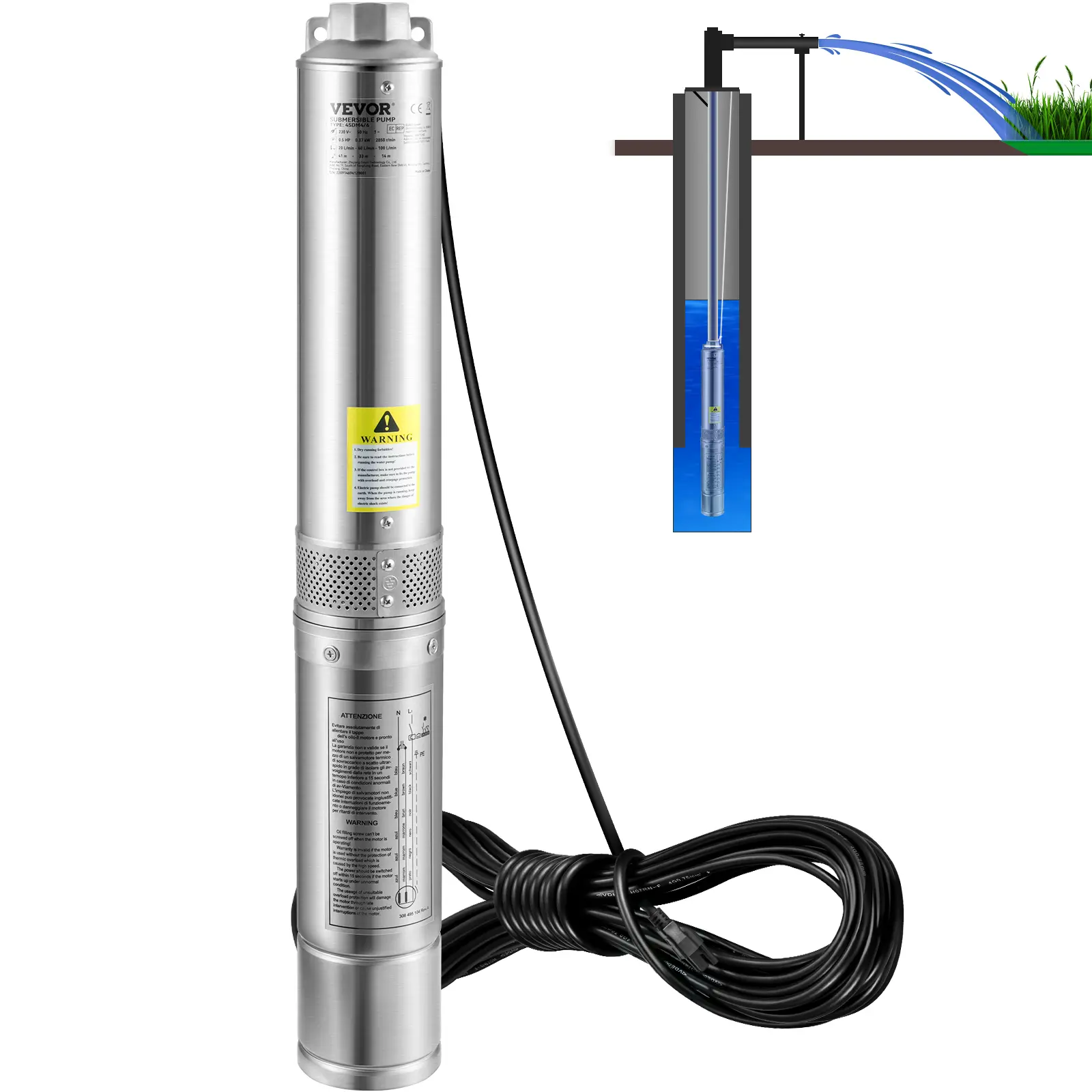 VEVOR Heavy Duty 1HP 115V/60Hz 4-Inch Stainless Steel Deep Well Submersible Pump with Check Valve, 37gpm Flow, 207ft Head, 33ft Copper Electric Cord, 1-1/4" NPT, IP68 Waterproof, for Rivers Water Extraction, Industry & Home Irrigation
