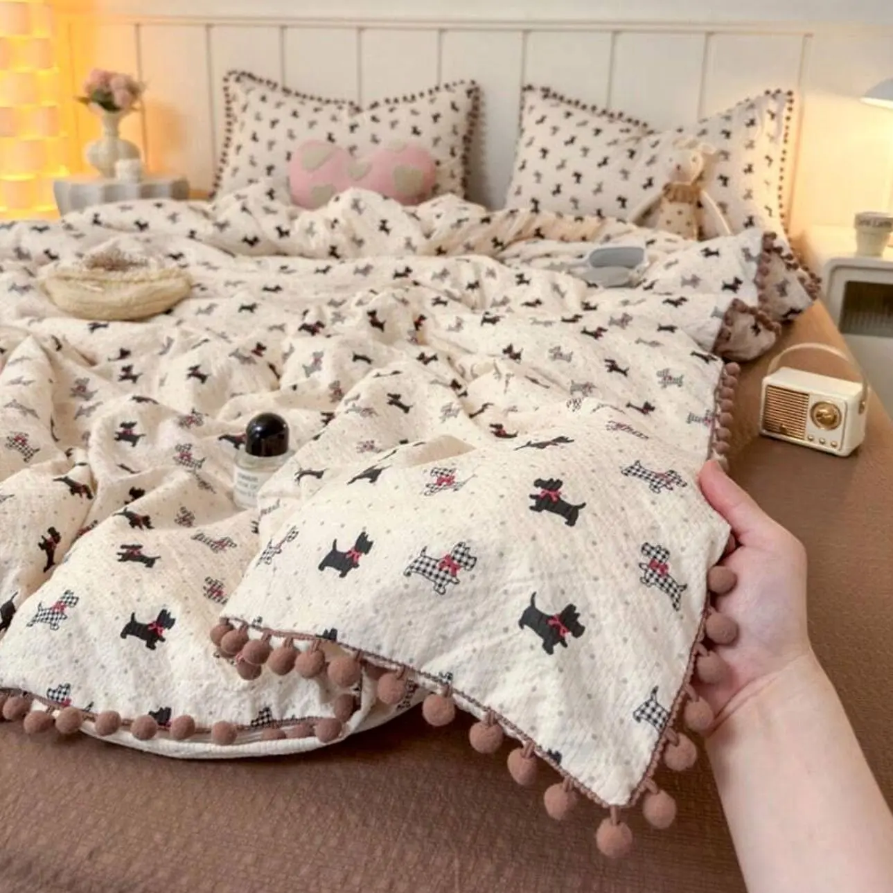 3PCS Korean Lace Bedspread Set, Soft Ball Pom Bedding, Cozy Coverlet with 2 Pillowcases, Farmhouse Bedroom Decor, All Season