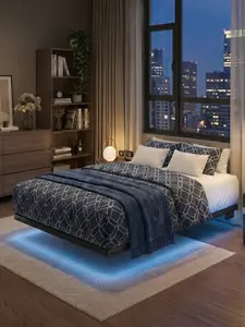 【SummerVibes】ONBRILL LED Floating Bed Frame, Queen Size Bed Frame with Power Outlet, Heavy Duty Metal Platform Bed Frame, Easy Assembly, No Box Spring Needed, Noise-Free, Bedroom Furniture, Stylish Furniture