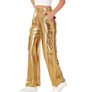 Women's Shiny Metallic Cargo Wide Leg Pants Party Club Hip Hop Wear Casual Slacks Pant
