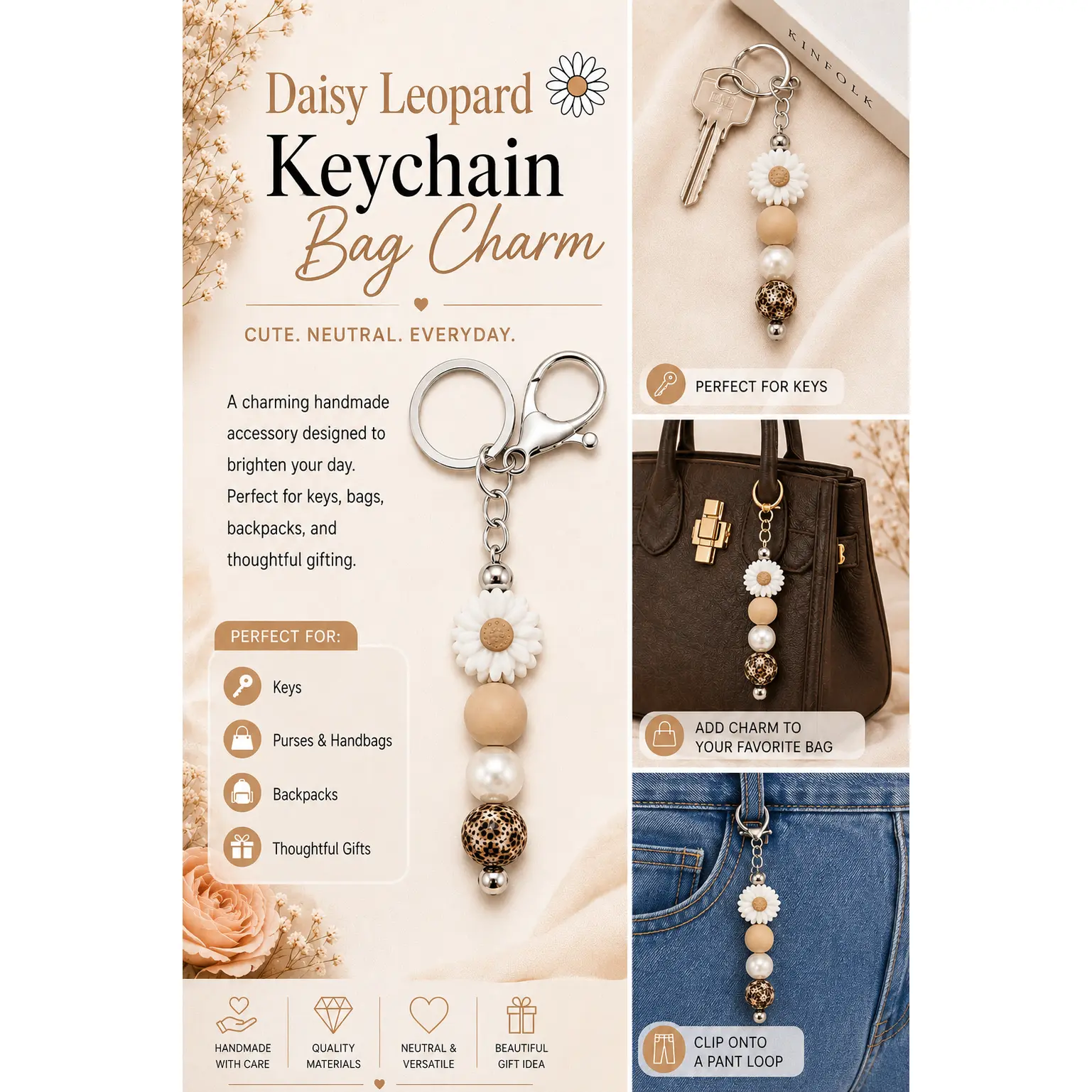 Daisy Leopard Beaded Keychain Bag Charm – Neutral Floral Keychain Bag Charm
