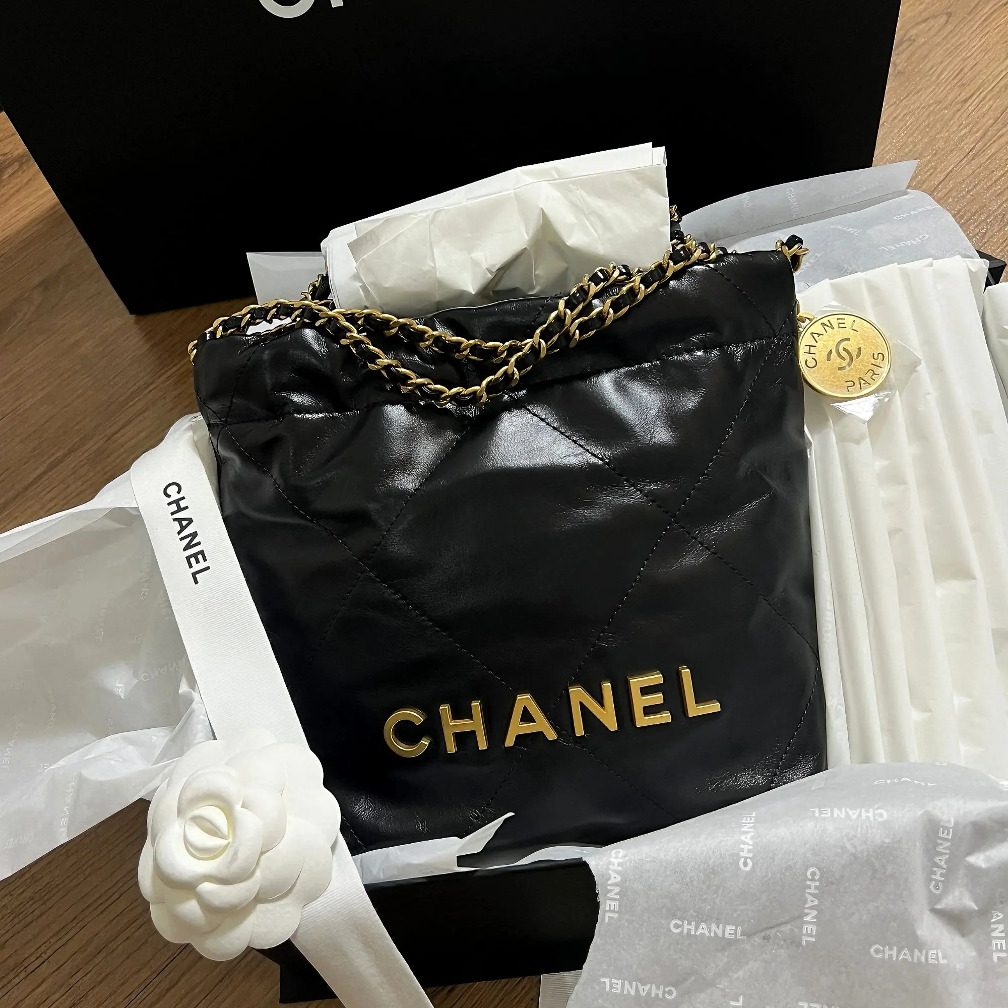 Pre-owned CHANEL 22 bag with gold coin charm double strap luxury shoulder handbag tote 3024