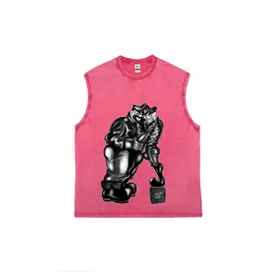 Men's Vintage Washed Pink Tom of Finland Style Bluto Popeye Graphic Sleeveless Tank Top, Retro Masculine Cartoon Print Oversized Cotton Muscle Tee, Distressed Streetwear Shirt for Gym, Summer, LGBTQ+ Pride Gift