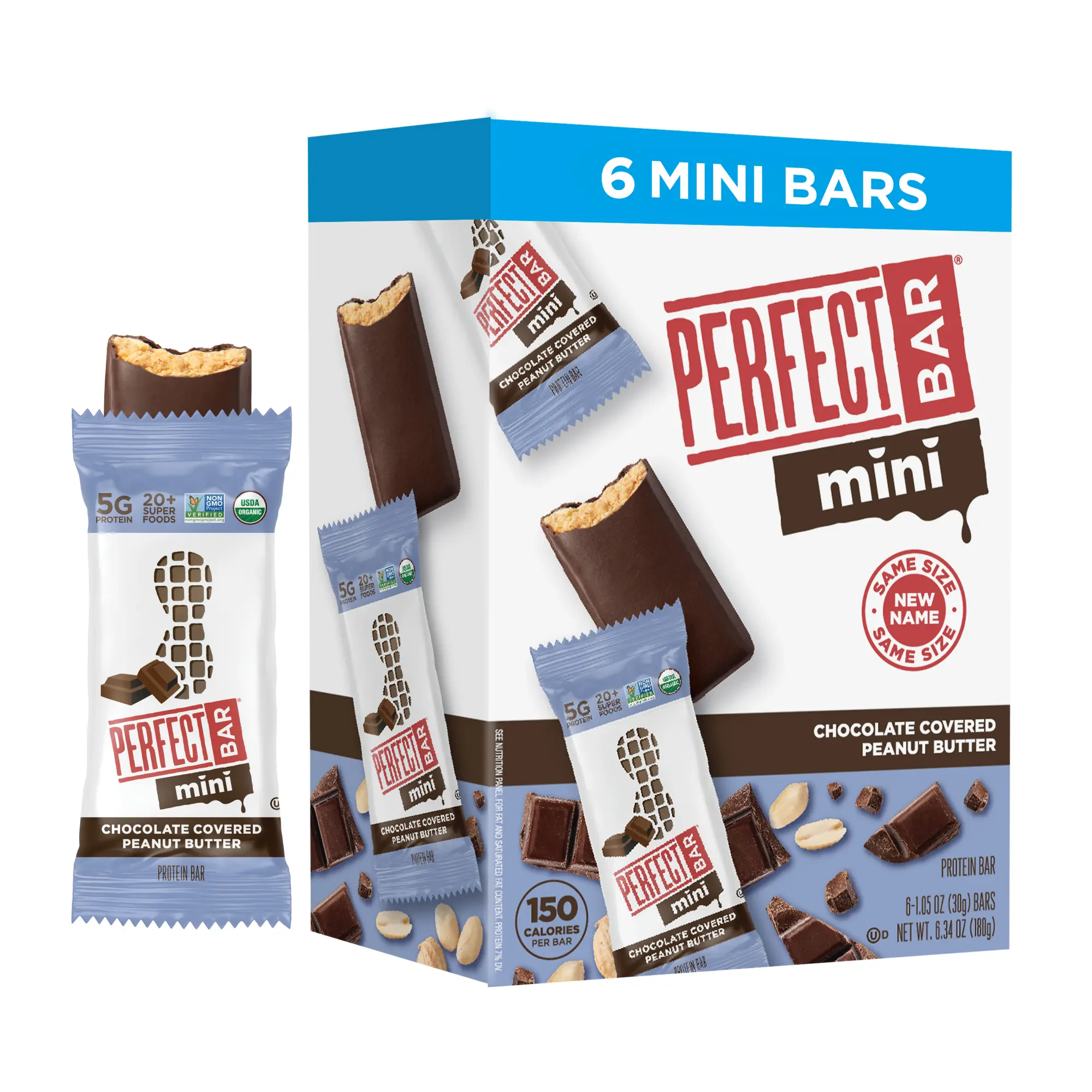 Perfect Bar Chocolate Covered Peanut Butter Mini Size Protein - Certified USDA Organic - Non-GMO, Organic Honey, No Sugar Alcohols, 1.05 Ounce Bar, 12 count