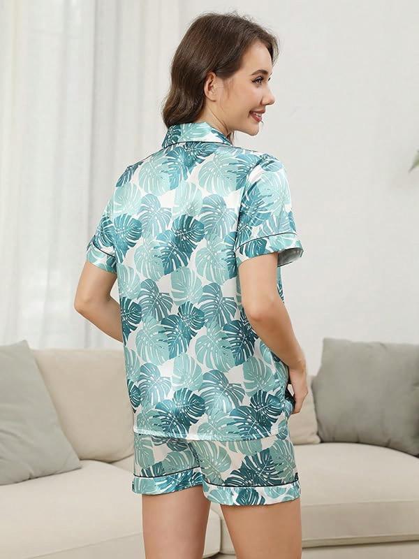 GAESHOW Silk Women Short Sleeve Button Down Sleepwear Loungewear 2 Piece Satin Pj SetsHalloween Christmas New Year - Light Green Leaf