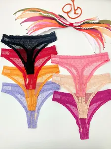 Women's Lace Hollow Out Thongs Panties, Slim-Fitting Sexy Underwear Set, Multicolor Heart Pattern, All Seasons Wear, Made in China