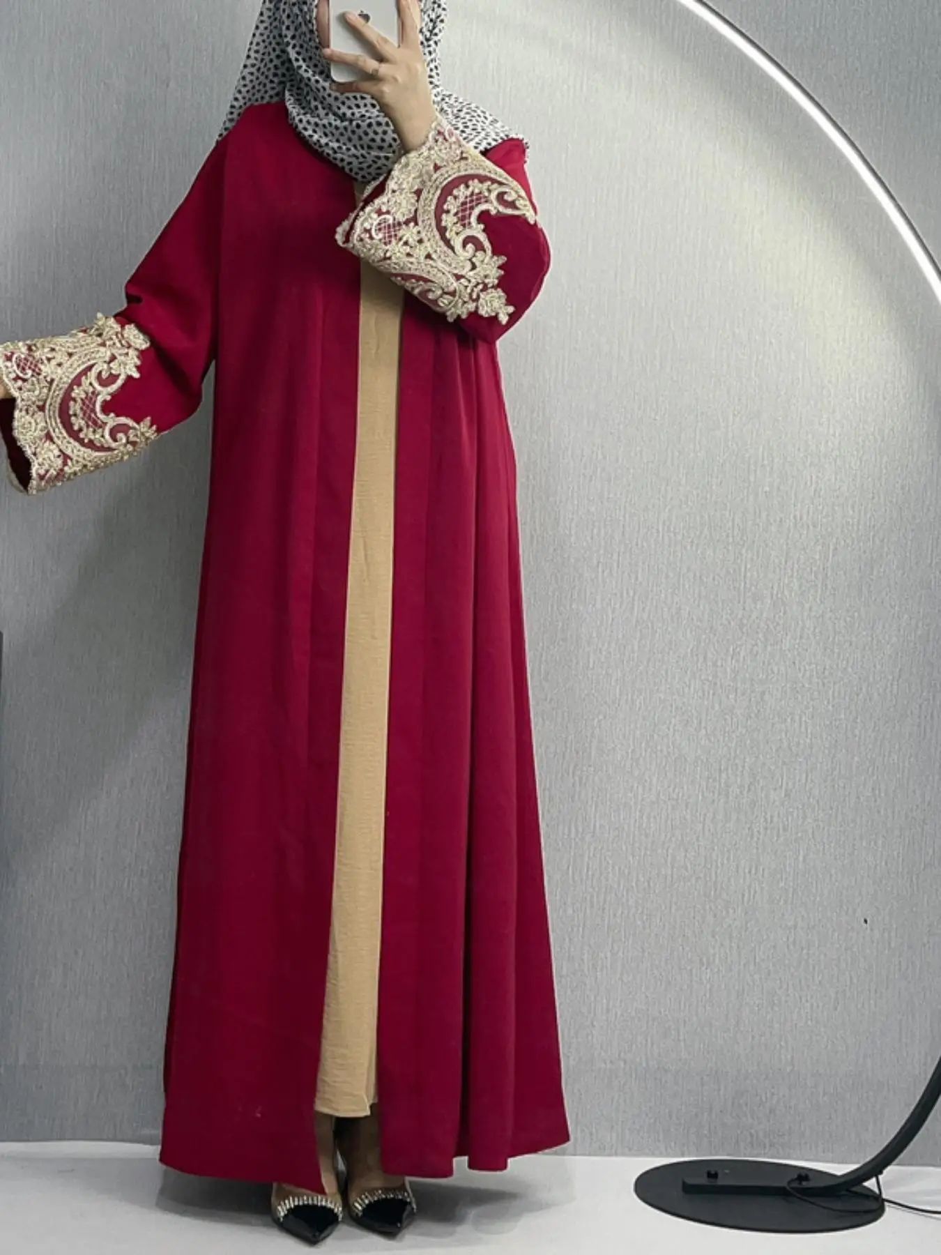 Arabic Clothing-Contrast Lace Embroidery Abaya Without Hijab, Modest Tie Front Flounce Sleeve Abaya, Women's Islamic Clothing for All Seasons