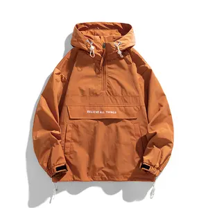 Men’s half-zip pullover hooded softshell jacket with adjustable drawstring hood hem, front large patch pocket with letter print, relaxed drop-shoulder fit. Suitable for camping, fishing, golf, gym training, outdoor hiking, everyday commuting, casual windb