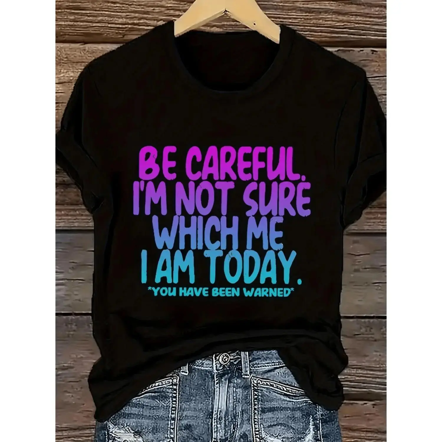 Women s Plus Size Humorous Be Careful Im Which I Graphic T Shirt Colorful Letter Print Loose Neck Short Sleeve Summer Tee Machine Washable Casual Top