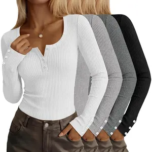 Pack Women's Long Sleeve Henley Shirts Button Ribbed Knit Slim Fit U Neck Tops Casual Going out Tee Fall Winter