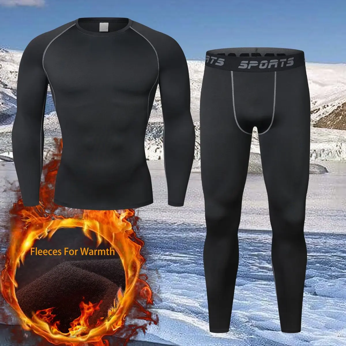 Men's 2-Piece Winter Thermal Underwear Set, Fleece-Lined Inner Wear, Athletic Sport Underwear, Stretchy Compression Garment, Elastic Long Johns Tights, Thermal Lined Sportswear for Fitness, Athletic Underwear, Stretchy Sports Underwear